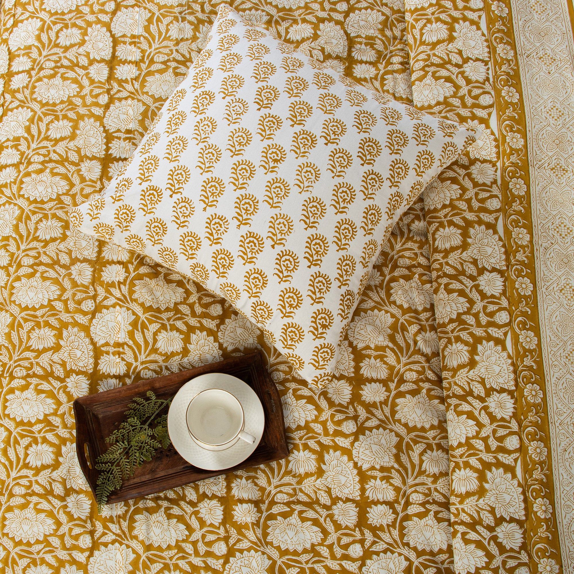 Hand Block Yellow Floral Printed Cotton Dohar Double Bed